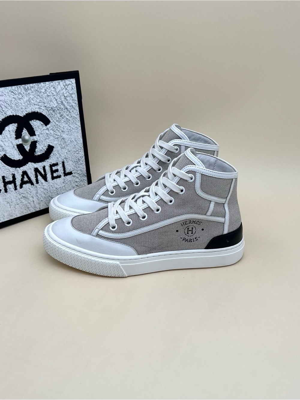 Hermes Grey and White High-Top Canvas Sneakers